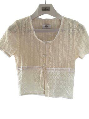 CHERIE French Coquette Lace Up Short Sleeve Crop Top Size S
